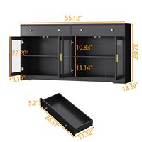 Aparador Moderno Negro Ajustable de Madera de Roble con Luces LED, Puertas de Cristal, Almacenamiento para Cocina, Barra de Café y Cajones