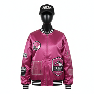 Veste bomber en satin pour femme, tissu magenta premium avec panneaux sur les manches et devant, logo personnalisé, impression à chaud, vestes en satin pour femme - Product Image 1