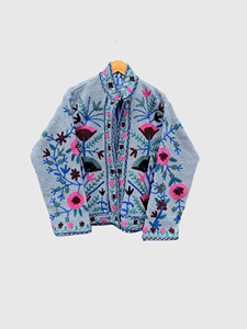 Veste en velours brodée à manches longues avec broderie florale faite à la main, col châle, grande taille, pour femme, automne - Product Image 1
