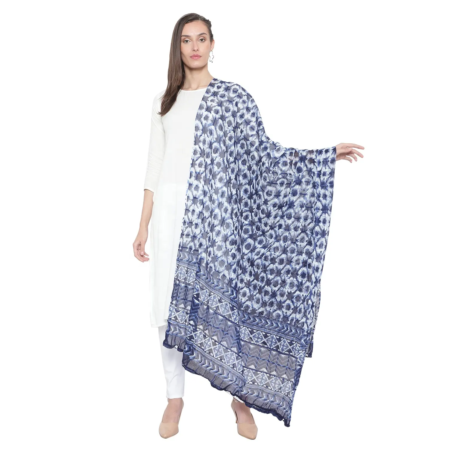 Dupatta ผ้าคอตตอนลินินของผู้หญิง,ผ้าเครปอะคริลิคโพลีเอสเตอร์เคลือบเงาทอแบบปักหลากสีสไตล์อินเดีย