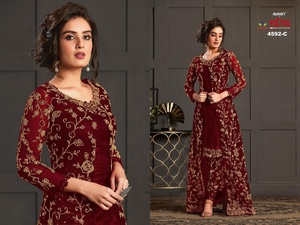 Ensemble de 3 pièces de vêtements de fête pakistanais brodés de haute qualité, comprenant un haut, un pantalon et un dupatta en filet Vaishnavi semi-cousu, long kurta - Product Image 6