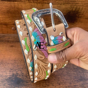 Nouvel arrivage de ceintures florales occidentales en cuir véritable usinées à la main et peintes à la main Ceintures unisexes en cuir véritable usiné à la main - Product Image 1