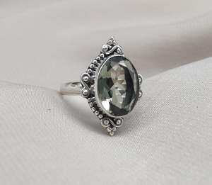 Vintage Green Amethyst 925 Sterling Silver Ring Faceted Oval <b>Boho</b> Statement Ring - Product Image 3