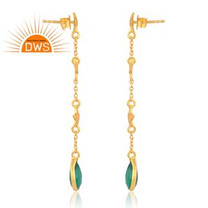 ต่างหูพลอยโอนิกซ์สีเขียวธรรมชาติชุบทอง18K สุดฮิตต่างหูแบบห้อยอัญมณีสีเขียวเงินแท้ - Product Image 3