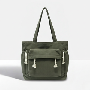 Bolso Tote Sadie de Pana Resistente al Agua para Uso Diario con Cierre de Cremallera, Bordado y Decoración de Borlas para Todas las Estaciones - Product Image 1