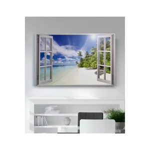 Impression sur toile de la plage de sable blanc tropicale de Fida vue par une fenêtre ouverte - Product Image 6