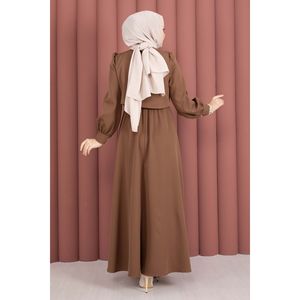 Ensemble robe boléro en crêpe marron café avec détail boutons dorés, élégant et stylé - Product Image 5