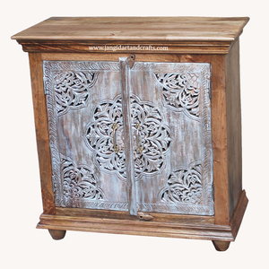 Buffet de rangement traditionnel antique en bois massif sculpté à la main à 2 portes pour salle à manger et cuisine, d'origine indienne - Product Image 3