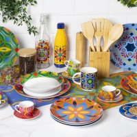 Ensemble de tasses à expresso en porcelaine durable, 6 pièces, avec soucoupes, 10 cl (3,4 fl oz), design ethnique moderne multicolore, Puebla Excelsa