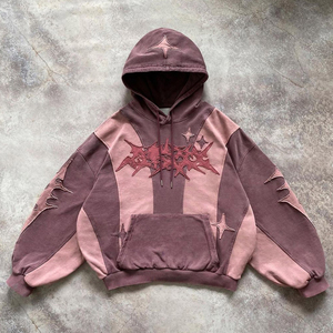 Personnalisable Vintage Sun Faded Stone Acid Wash Distressed Stitching Embroidery Patches Outwear 3D Embossed Hoodies - Product Image 2