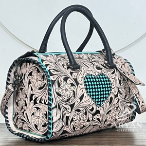 Hand-Tooled Cow Leather Large Speedy Duffel Bag with Turquoise Checkered <b>Heart</b> Western Design Custom Travel <b>Handbag</b> for Women's - Product Image 1