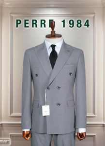Costume d'affaires bleu marine pour homme, double boutonnage, col cranté, mélange de laine, coupe classique, style britannique - Product Image 5