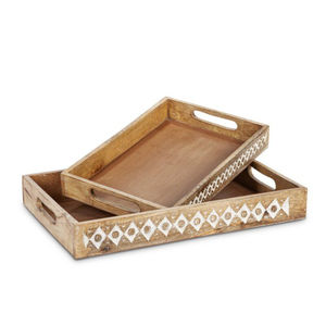 Bandeja de Servir Artesanal de Madera de Mango con Asas, Diseño Decorativo con Incrustaciones Blancas, Rectangular, para Mesa de Centro, Decoración de Cocina - Product Image 2