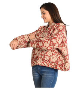 Abrigo corto reversible de otoño para mujer, chaqueta acolchada de algodón con estampado de bloques a mano y bolsillos en el escote, tela tejida con estampado Floral - Product Image 6