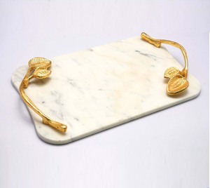 Bandeja de servicio de mármol de diseño de tendencias para el hogar Hotel Restaurante Plato de servicio Color blanco Mango dorado Bandeja de mármol de tamaño personalizado. - Product Image 1
