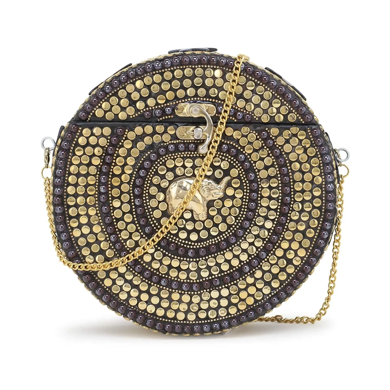 Bolsa de embreagem mosaico redonda, bolsa artesanal estilo elefante, bolsa de mão redonda de metal com imitação de pérola, feita no atacado de 2022