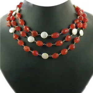 Collier classique tendance en perles de cornaline rouge pour femmes, bijoux en pierres précieuses à 3 rangs avec rubis et perle d'eau douce, style religieux, cadeau - Product Image 1