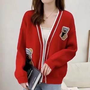 Abrigo de Punto Bordado Holgado de Algodón con Cuello en V, Diseño de Oso de Dibujos Animados, Alta Calidad, para Estudiantes, Moda Femenina, Primavera-Otoño - Product Image 4