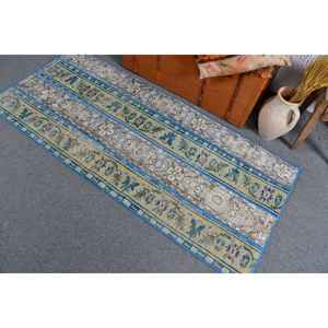 Alfombra Turca Vintage, Alfombra Decorativa de 2.7x6.2 pies, Alfombra de Lana con Diseño de Camuflaje Azul Verde - Product Image 3