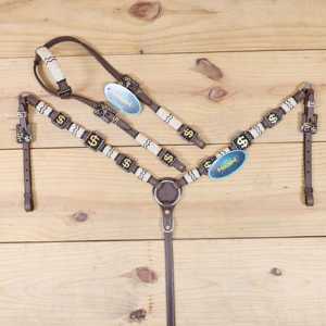 Juego de Tachuelas con Flecos de Plumas Blancas y Turquesas, Cuero Vacuno de Primera Calidad, Sillas de Montar Ligeras para Caballos, Juego de Cabezada de Moda para la Temporada del Jockey - Product Image 1