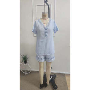 Conjunto de Dos Piezas para Mujer, Blusa de Manga Corta con Cuello en V y Pantalones Cortos, 37651 - Azul - Product Image 5