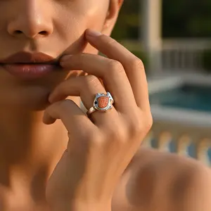 Anillo de Turquesa para Mujer con Baño de Rodio y Piedra de Coral Tallada - Product Image 3