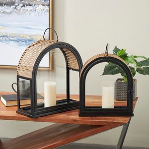 Set of 2 Matte Black Oval Shaped Candle <b>Lantern</b> High Quality Wicker Hurricane <b>Lantern</b> Best Selling - Product Image 5