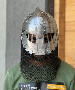 Casco Medieval de Acero de Cruzado con Cuello de Malla de Cadena, Protector Facial de Caballero Vikingo, Armadura para Disfraces - Product Image 1