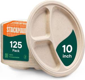 Stack Man 100% Compostable, 3 Compartment, <b>Disposable</b> Paper <b>Plates</b> [125-Pack] [10 Inch] Heavy Duty Biodegradable Bagasse - Product Image 2