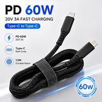 Cable de Carga Rápida PD60W 3A Tipo-C a Tipo-C de 1.5m, Negro, de Nailon, con Conectores de Cobre Estañado, para Teléfono Móvil, Computadora y Tableta, 20V 3A, 1 Pieza