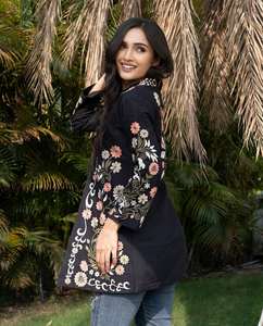 Style bohème 100% coton brodé ethnique Long manteau pour femmes noir à manches longues veste respirant écologique Anti-rides - Product Image 2