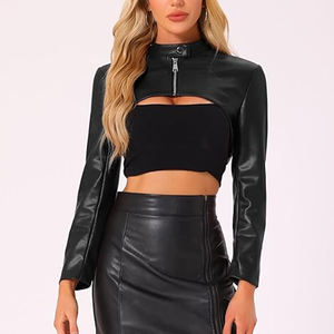 Chaqueta de cuero con cuello vuelto y logotipo personalizado, nuevo diseño, servicio OEM, Chaqueta corta de cuero PU para mujer, 2024 - Product Image 4