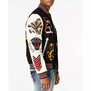 Custom Letterman Varsity <b>Jackets</b> Cheap Dark Black Wool Varsity <b>Jackets</b> With Genuine White CowLeather Sleeves Chenille Embroidery - Product Image 3