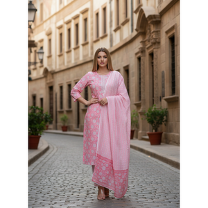 Conjunto de Kurta de Algodón Estampado Rosa Elegante para Mujer con Dupatta, Estilo Pakistaní, Ropa Étnica para Uso Diario y Festivo, Look Salwar - Product Image 1