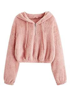 <b>Women's</b> Casual <b>Sherpa</b> Fleece Sweatshirt 100% Cotton Long Sleeve Winter Warm Crop Tops Stand Embroidered <b>Hoodie</b> - Product Image 5