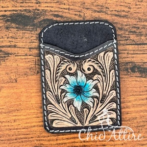 ที่ใส่บัตรหนังวัวลายดอกไม้สุดหรูทำมือสำหรับผู้หญิงกระเป๋าสตางค์หนังแท้ลายดอกเล็กหนังวัวสีเทอร์ควอยซ์เคสใส่บัตรแบบตะวันตก - Product Image 1