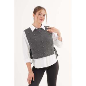 Anthracite <b>Woolen</b> Knit <b>Sweater</b> Self-Knitted Textured Side-Tie for Outer Wear - Product Image 3