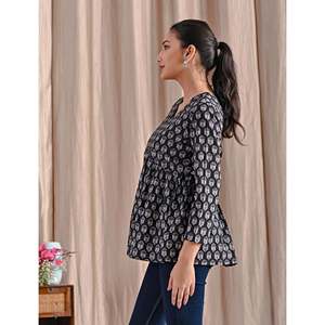 <b>Black</b> Jaipuri Block Printed Cotton Peplum <b>Top</b> Ladies' Long Floral Embroidered Office <b>Tops</b> Asymmetrical Collar Lace Decoration XL - Product Image 5
