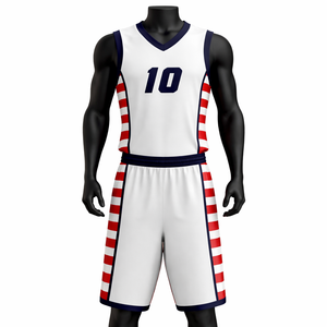 Ensemble de maillots de basket-ball unisexes personnalisés à manches courtes avec logo sur le devant, rayures blanches et rouges, col en V, sublimé, respirant, en polyester, taille adulte - Product Image 1