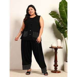 Ensemble coordonné 2 pièces Deebaco pour femme, grande taille, noir, sans manches, décontracté, col rond, haut en dentelle et pantalon long, tenue d'été style western - Product Image 1