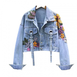 Veste en jean à prix d'usine personnalisée vêtements de lavage de détresse fleur tricot recadrée boutonné Jeans vestes pour femmes veste en jean - Product Image 6