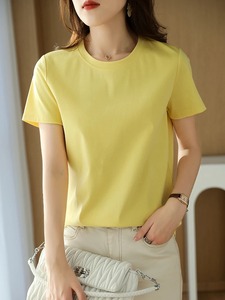 Été 100% Coton mercerisé T-shirts en soie pour femmes Col O Manches courtes Loose <span class=keywords><strong>Straight</strong></span> Tops Simple Casual <span class=keywords><strong>Tees</strong></span> - Product Image 3