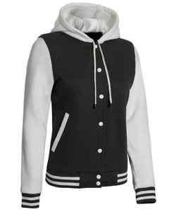 Women's Black White Baseball Varsity Jackets Hooded Neck <b>Button</b> Closure Casual Outer Streetwear with Cotton Filling for Winter - Product Image 4