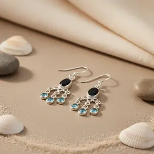 Boucles d'oreilles pendantes en argent 925 avec topaze bleue et onyx géométriques pour femmes, cadeaux de mariage et de fête - Product Image 1