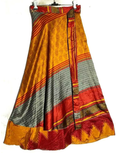 Vintage Blue Silk Maxi <b>Skirt</b> Multi-Color Print Wrap Pleats All-Season Korean Style Boho Hippie Festival Wear for Breathable - Product Image 2