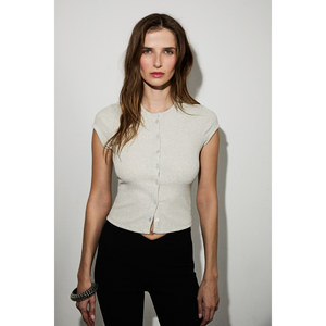 GRIMELANGE Women's Soft Stretch Short <b>Cap</b> <b>Sleeve</b> Buttoned Blouse - Product Image 1