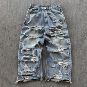กางเกงยีนส์ผู้ชายแนวสตรีทแบบวินเทจผ้าเดนิมแบบขาบานแบบมีรอยขาดเอวสูง - Product Image 6
