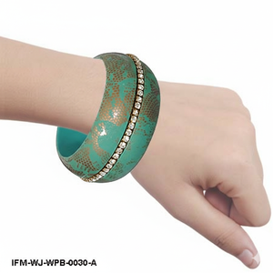 Handpainted <b>Wooden</b> <b>Bangle</b> Turquoise & Gold Floral Lace Design with Sparkling Crystal Inlay Boho Chic Wide Statement Cuff Jewelry - Product Image 4