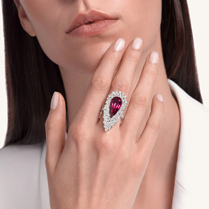 Platinum Cocktail <b>Ring</b> With Natural Pear Ruby Pave Diamond Halo Water Drop Shape Women's Engagement Jewelry July Birthstone - Product Image 3
