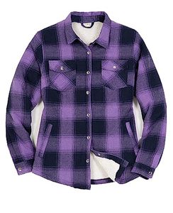 Unisex Plaid Streetwear Shacket <b>Jacket</b> Canvas Zipper Crocheted Sherpa Lined <b>Flannel</b> Shirt Fall Winter Outdoor Purple XXL - Product Image 1